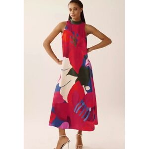 Farm Rio for Anthropologie Red Tropical Floral High Neck Maxi Dress XL NEW